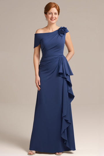 Fourreau bleu marine une épaule volanté longue mère de la mariée robe avec fleur 3D
